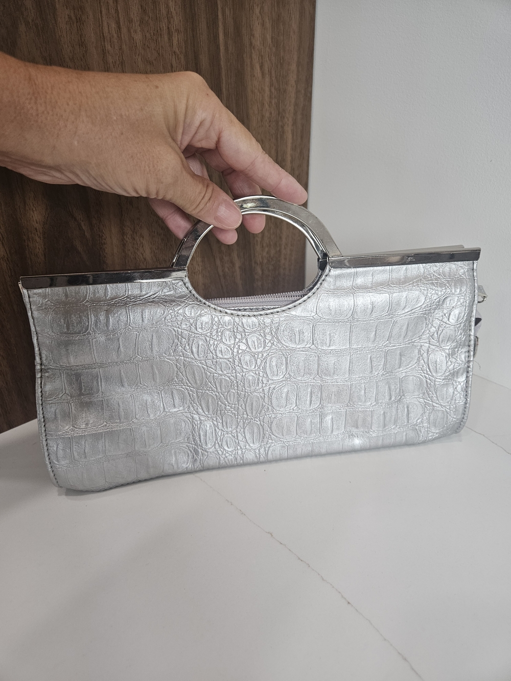 Candie's Silver Croc-Embossed Metallic Handle Clutch